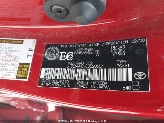 12626964 :رقم المزاد ، JTDL9RFU7L3020654 vin ، 2020 Toyota Prius Technology Awd-e مزاد بيع