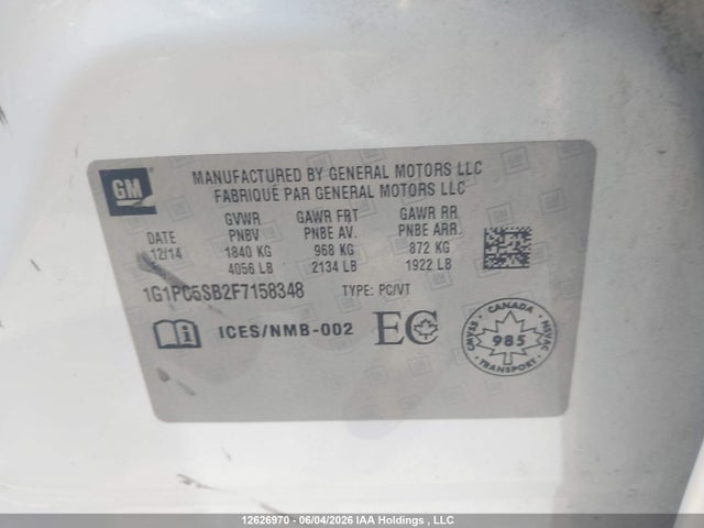 2015 Chevrolet Cruze 1lt მანქანა იყიდება აუქციონზე, vin: 1G1PC5SB2F7158348, აუქციონის ნომერი: 12626970