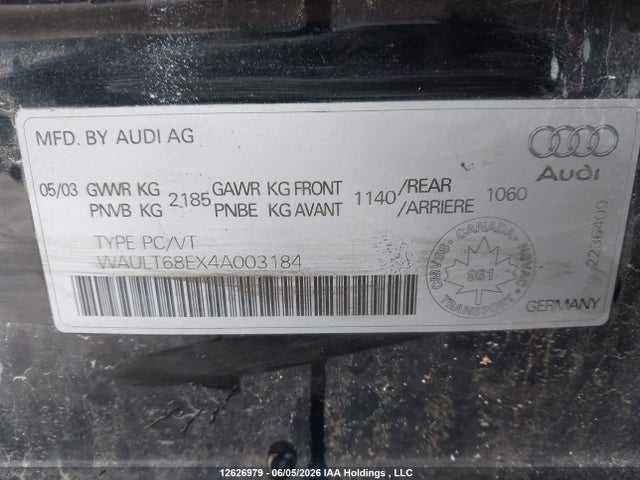 2004 Audi A4 3.0 მანქანა იყიდება აუქციონზე, vin: WAULT68EX4A003184, აუქციონის ნომერი: 12626979