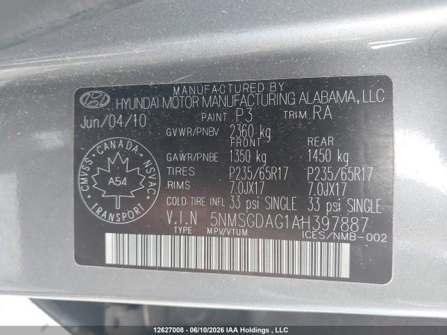 Продаж на аукціоні авто 2010 Hyundai Santa Fe Gls, vin: 5NMSGDAG1AH397887, номер лоту: 12627008