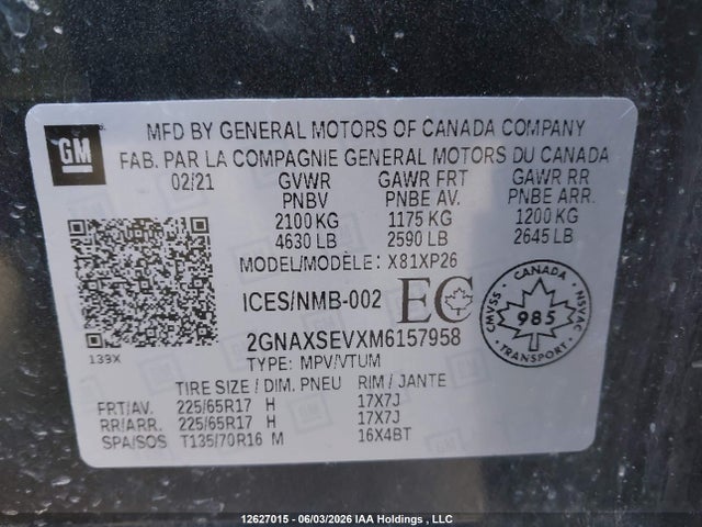 Aukcja sprzedaży 2021 Chevrolet Equinox Ls, vin: 2GNAXSEVXM6157958, numer aukcji: 12627015