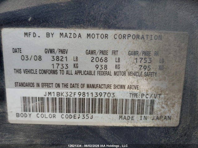 2008 Mazda Mazda3 Gs/gx მანქანა იყიდება აუქციონზე, vin: JM1BK32F981139703, აუქციონის ნომერი: 12621334