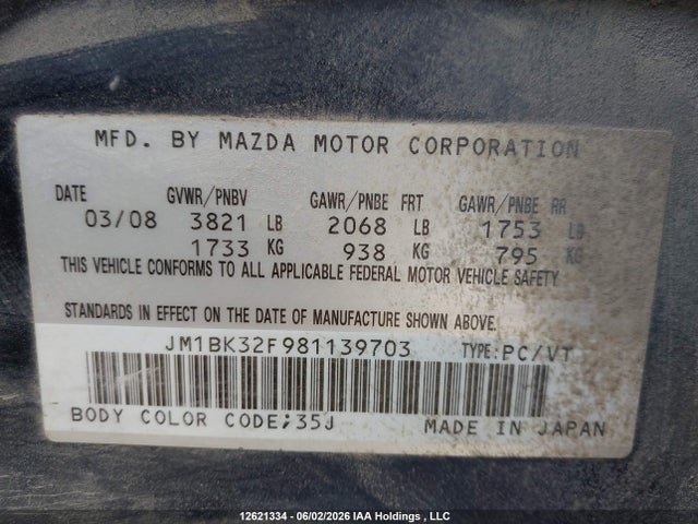 2008 Mazda Mazda3 Gs/gx მანქანა იყიდება აუქციონზე, vin: JM1BK32F981139703, აუქციონის ნომერი: 12621334