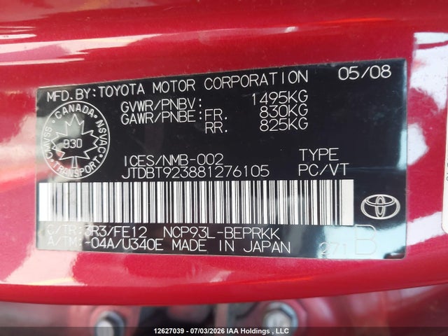 Продаж на аукціоні авто 2008 Toyota Yaris, vin: JTDBT923881276105, номер лоту: 12627039