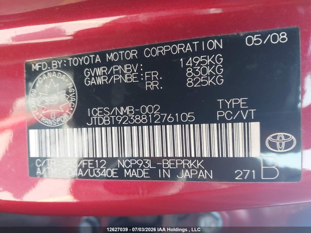 Продаж на аукціоні авто 2008 Toyota Yaris, vin: JTDBT923881276105, номер лоту: 12627039