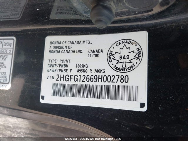Aukcja sprzedaży 2009 Honda Civic, vin: 2HGFG12669H002780, numer aukcji: 12627041