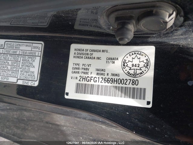 Aukcja sprzedaży 2009 Honda Civic, vin: 2HGFG12669H002780, numer aukcji: 12627041