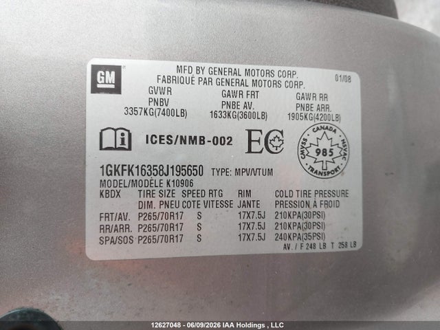 Aukcja sprzedaży 2008 Gmc Yukon Xl 1500 Sle/slt, vin: 1GKFK16358J195650, numer aukcji: 12627048