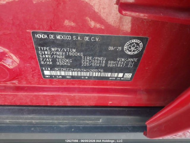 12627056 :رقم المزاد ، 3CZRZ2H55TM106576 vin ، 2026 Honda Hr-v Sport مزاد بيع