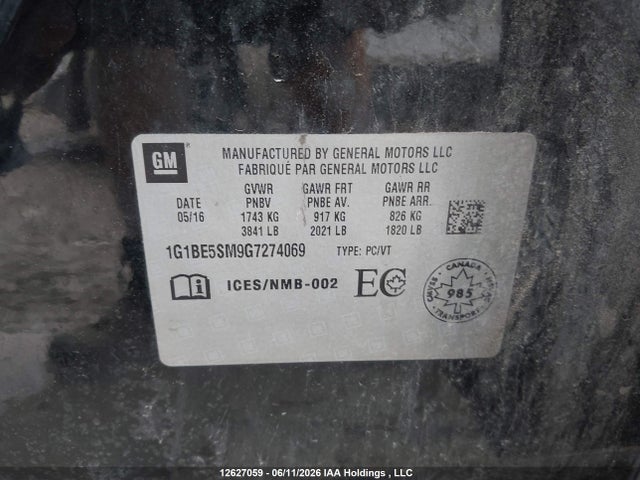 12627059 :رقم المزاد ، 1G1BE5SM9G7274069 vin ، 2016 Chevrolet Cruze Lt مزاد بيع