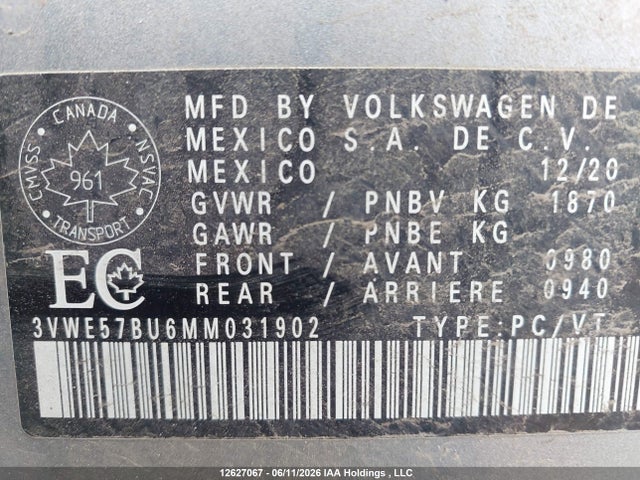 Aukcja sprzedaży 2021 Volkswagen Jetta Highline, vin: 3VWE57BU6MM031902, numer aukcji: 12627067