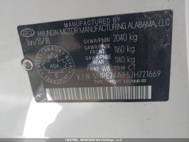 12627068 :رقم المزاد ، 5NPE24AF5JH721669 vin ، 2018 Hyundai Sonata Gl مزاد بيع
