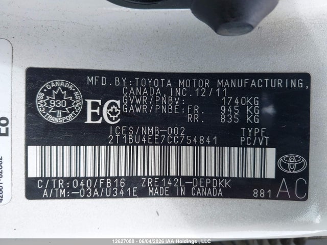 2012 Toyota Corolla S/le მანქანა იყიდება აუქციონზე, vin: 2T1BU4EE7CC754841, აუქციონის ნომერი: 12627088