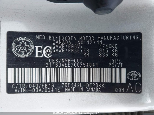 2012 Toyota Corolla S/le მანქანა იყიდება აუქციონზე, vin: 2T1BU4EE7CC754841, აუქციონის ნომერი: 12627088