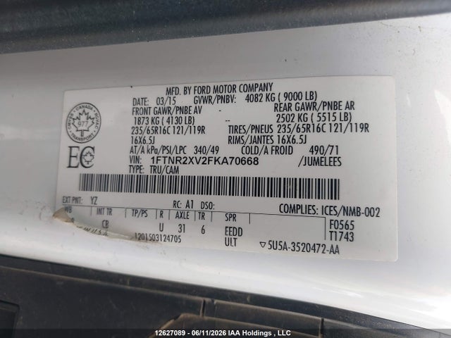 2015 Ford Transit T-250 მანქანა იყიდება აუქციონზე, vin: 1FTNR2XV2FKA70668, აუქციონის ნომერი: 12627089
