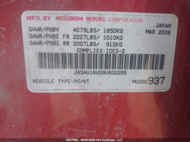 Aukcja sprzedaży 2009 Mitsubishi Lancer, vin: JA3AU16U09U602295, numer aukcji: 12627092