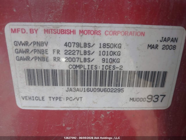 Aukcja sprzedaży 2009 Mitsubishi Lancer, vin: JA3AU16U09U602295, numer aukcji: 12627092