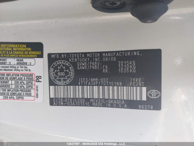 12627097 :رقم المزاد ، 4T1FA38P77U115168 vin ، 2007 Toyota Camry Solara Se/sle مزاد بيع