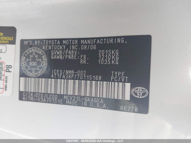 12627097 :رقم المزاد ، 4T1FA38P77U115168 vin ، 2007 Toyota Camry Solara Se/sle مزاد بيع