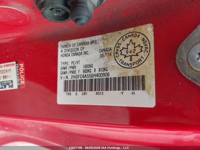 12627106 :رقم المزاد ، 2HGFC4A55GH400906 vin ، 2016 Honda Civic Lx مزاد بيع