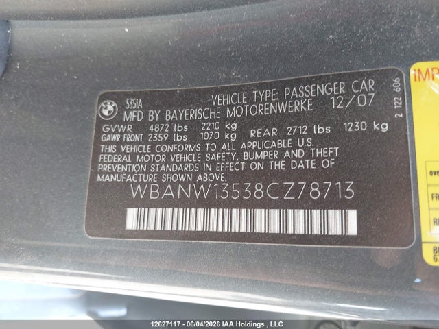 2008 Bmw 535i მანქანა იყიდება აუქციონზე, vin: WBANW13538CZ78713, აუქციონის ნომერი: 12627117