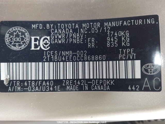 2012 Toyota Corolla S/le მანქანა იყიდება აუქციონზე, vin: 2T1BU4EE0CC868860, აუქციონის ნომერი: 12627118