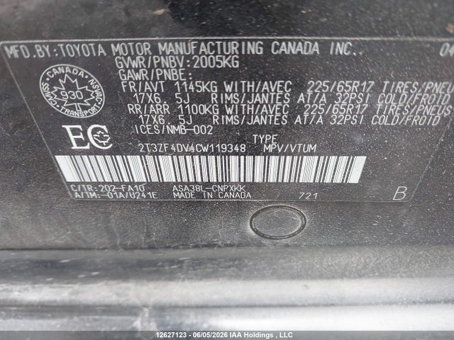 12627123 :رقم المزاد ، 2T3ZF4DV4CW119348 vin ، 2012 Toyota Rav4 مزاد بيع