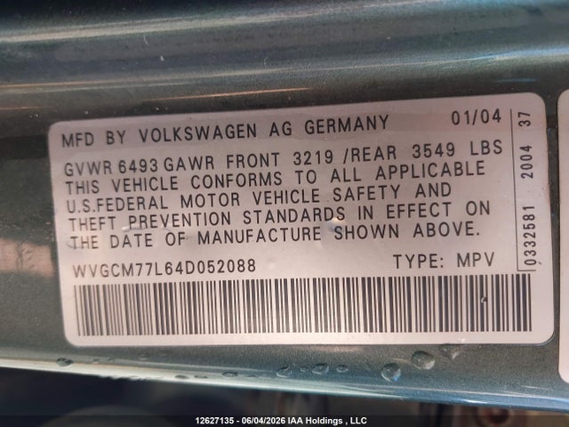 12627135 :رقم المزاد ، WVGCM77L64D052088 vin ، 2004 Volkswagen Touareg 4.2 مزاد بيع