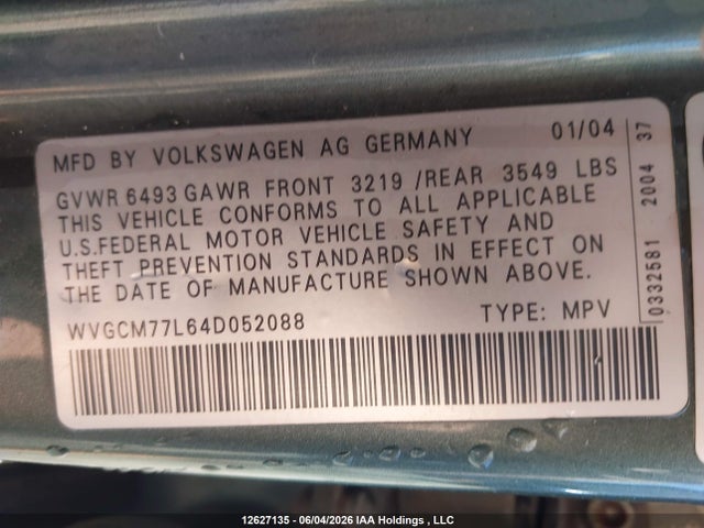 12627135 :رقم المزاد ، WVGCM77L64D052088 vin ، 2004 Volkswagen Touareg 4.2 مزاد بيع