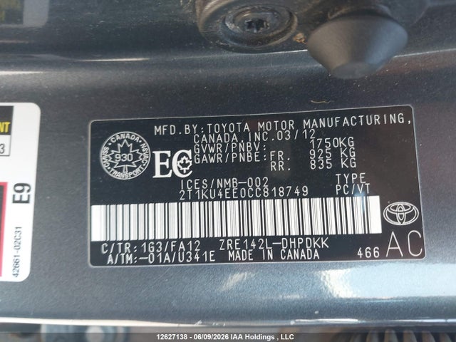12627138 :رقم المزاد ، 2T1KU4EE0CC818749 vin ، 2012 Toyota Matrix مزاد بيع
