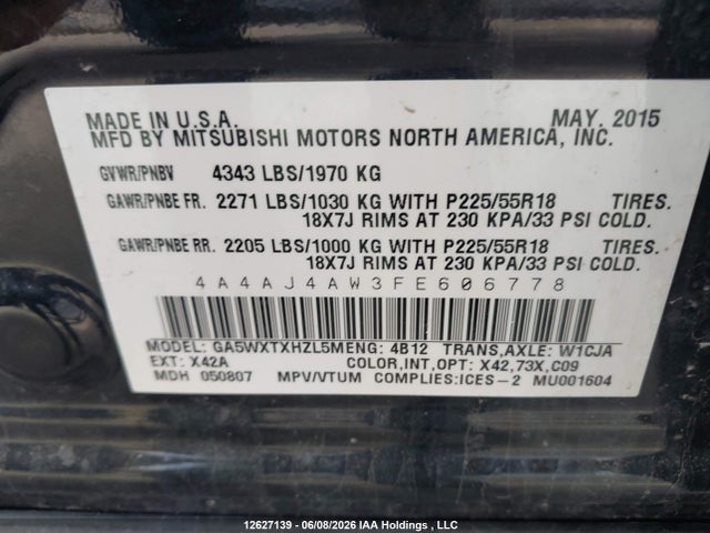 2015 Mitsubishi Rvr Gt მანქანა იყიდება აუქციონზე, vin: 4A4AJ4AW3FE606778, აუქციონის ნომერი: 12627139