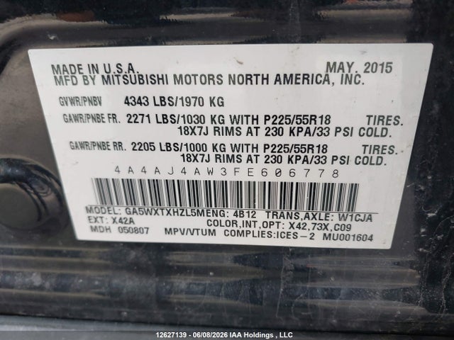 2015 Mitsubishi Rvr Gt მანქანა იყიდება აუქციონზე, vin: 4A4AJ4AW3FE606778, აუქციონის ნომერი: 12627139