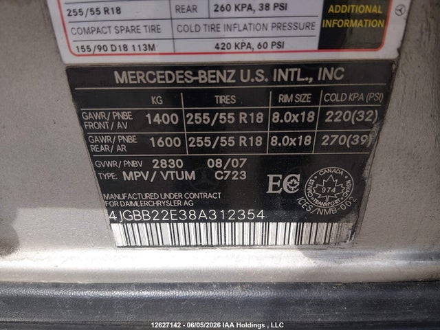 2008 Mercedes-benz Ml 320 Cdi 4matic მანქანა იყიდება აუქციონზე, vin: 4JGBB22E38A312354, აუქციონის ნომერი: 12627142