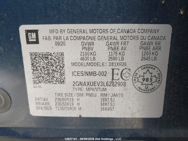 Aukcja sprzedaży 2020 Chevrolet Equinox Lt, vin: 2GNAXUEV3L6282908, numer aukcji: 12627151
