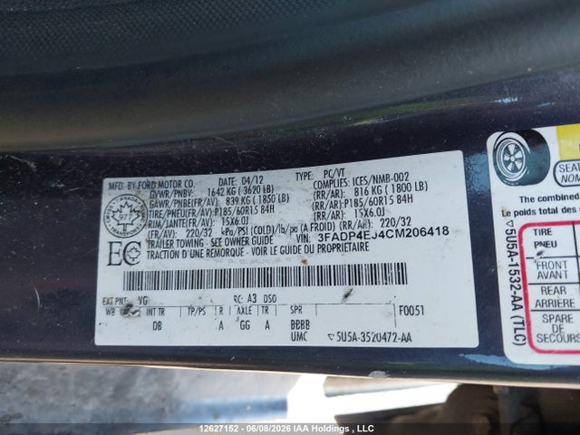 12627152 :رقم المزاد ، 3FADP4EJ4CM206418 vin ، 2012 Ford Fiesta Se مزاد بيع
