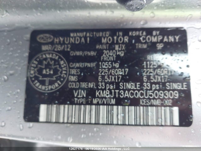 2012 Hyundai Tucson Gl მანქანა იყიდება აუქციონზე, vin: KM8JT3AC0CU509309, აუქციონის ნომერი: 12627176