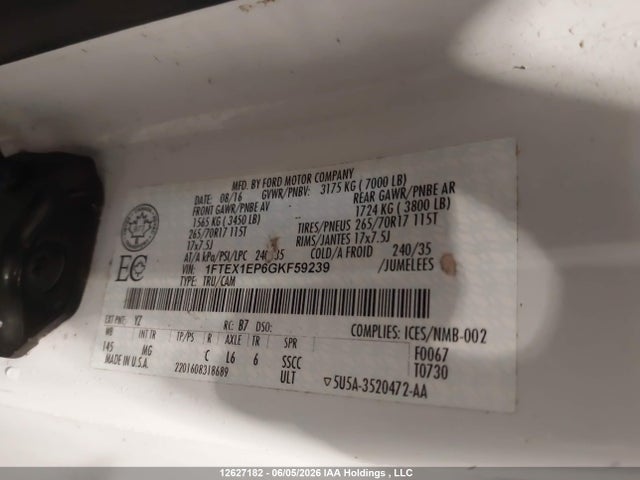 12627182 :رقم المزاد ، 1FTEX1EP6GKF59239 vin ، 2016 Ford F-150 Xlt مزاد بيع