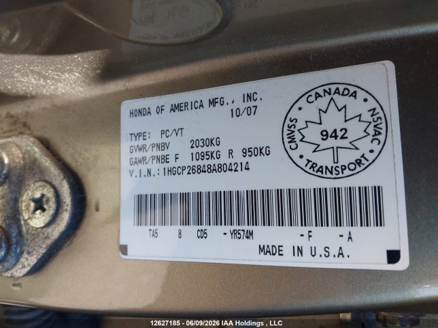 12627185 :رقم المزاد ، 1HGCP26848A804214 vin ، 2008 Honda Accord مزاد بيع