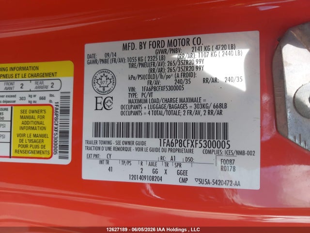 Продажа на аукционе авто 2015 Ford Mustang Gt, vin: 1FA6P8CFXF5300005, номер лота: 12627189