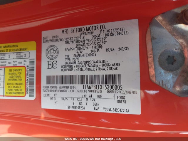 Продажа на аукционе авто 2015 Ford Mustang Gt, vin: 1FA6P8CFXF5300005, номер лота: 12627189