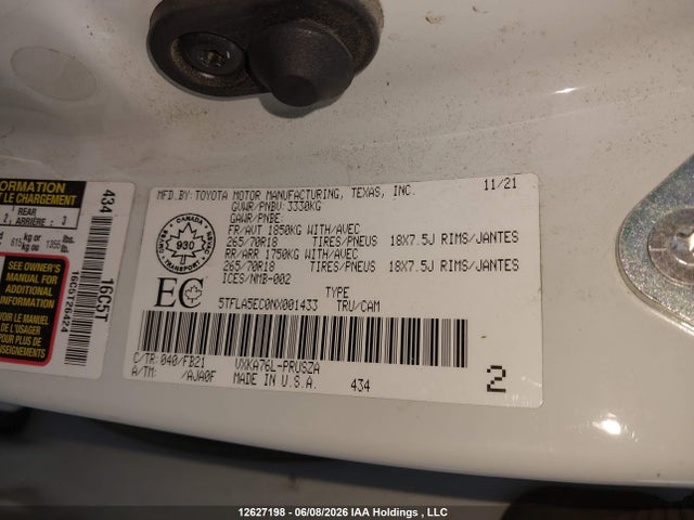 5TFLA5EC0NX001433 Toyota Tundra Sr5