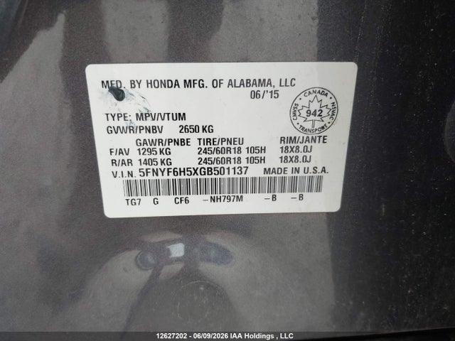 2016 Honda Pilot Ex-l მანქანა იყიდება აუქციონზე, vin: 5FNYF6H5XGB501137, აუქციონის ნომერი: 12627202