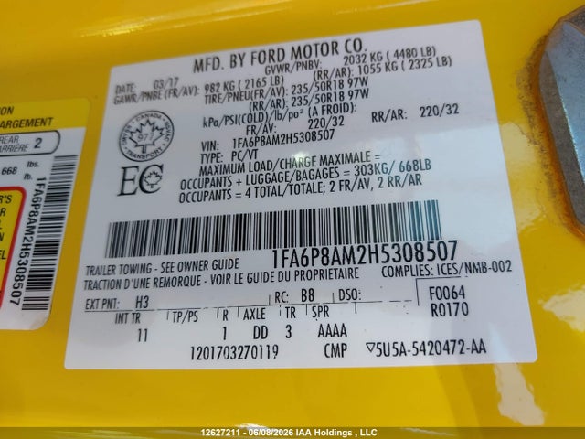 12627211 :رقم المزاد ، 1FA6P8AM2H5308507 vin ، 2017 Ford Mustang V6 مزاد بيع