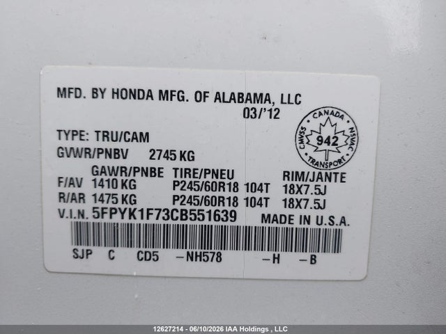 2012 Honda Ridgeline Sport მანქანა იყიდება აუქციონზე, vin: 5FPYK1F73CB551639, აუქციონის ნომერი: 12627214