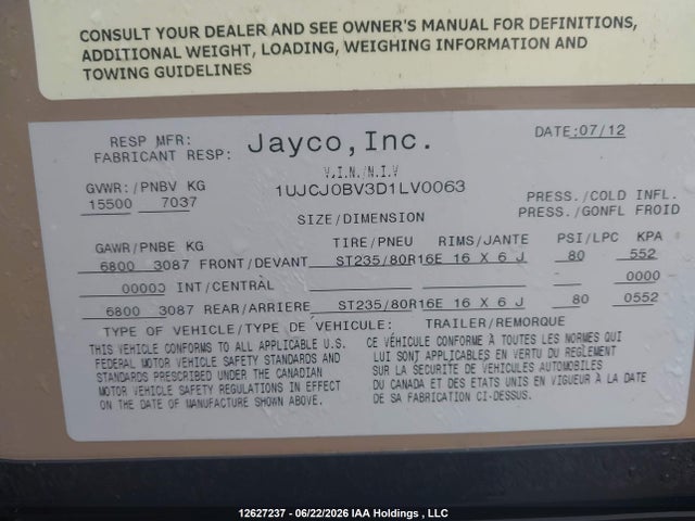 Aukcja sprzedaży 2013 Jayco Eagle, vin: 1UJCJ0BV3D1LV0063, numer aukcji: 12627237