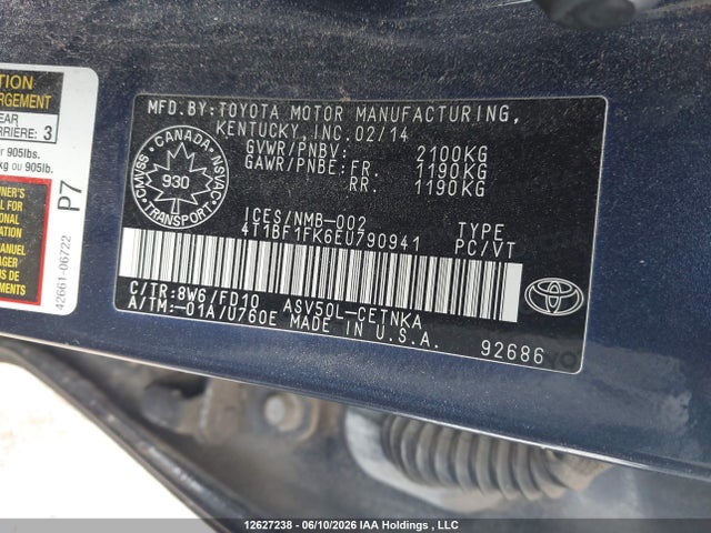 12627238 :رقم المزاد ، 4T1BF1FK6EU790941 vin ، 2014 Toyota Camry Le مزاد بيع