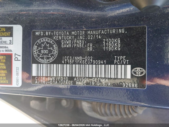 12627238 :رقم المزاد ، 4T1BF1FK6EU790941 vin ، 2014 Toyota Camry Le مزاد بيع