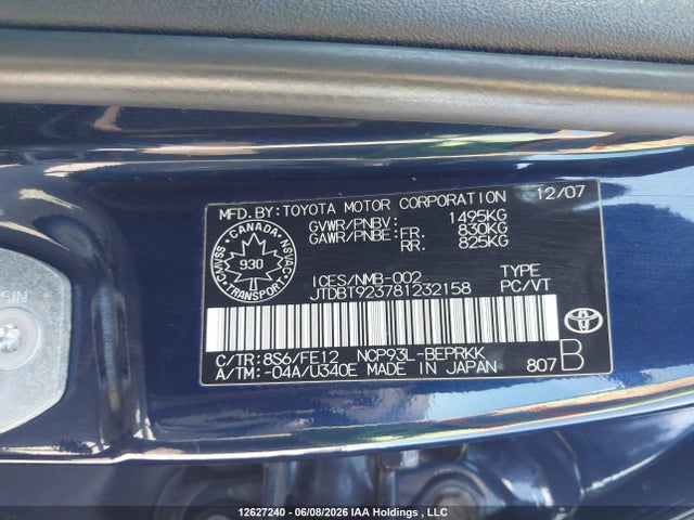 12627240 :رقم المزاد ، JTDBT923781232158 vin ، 2008 Toyota Yaris مزاد بيع