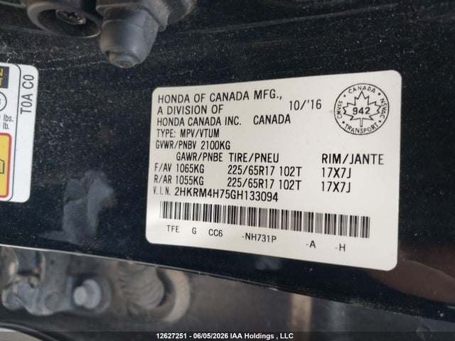 Aukcja sprzedaży 2016 Honda Cr-v Exl, vin: 2HKRM4H75GH133094, numer aukcji: 12627251
