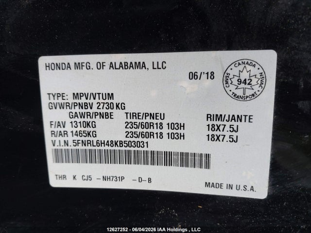 Aukcja sprzedaży 2019 Honda Odyssey Ex, vin: 5FNRL6H48KB503031, numer aukcji: 12627252